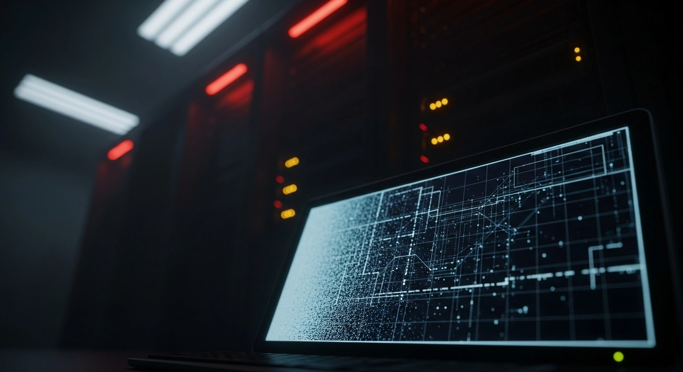 A dark server room with flickering red lights represents the cyberattack on the Latvian Road Traffic Safety Directorate digital infrastructure.