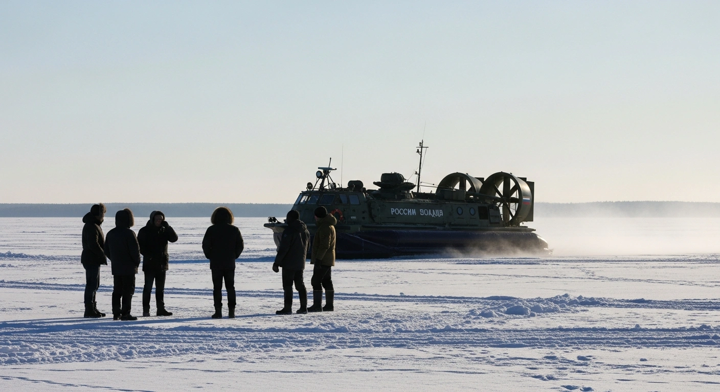 Five Latvian nationals are shown standing on the frozen Lake Lämmijärv, apprehended by Russian border guards from a large hovercraft after inadvertently crossing the border.