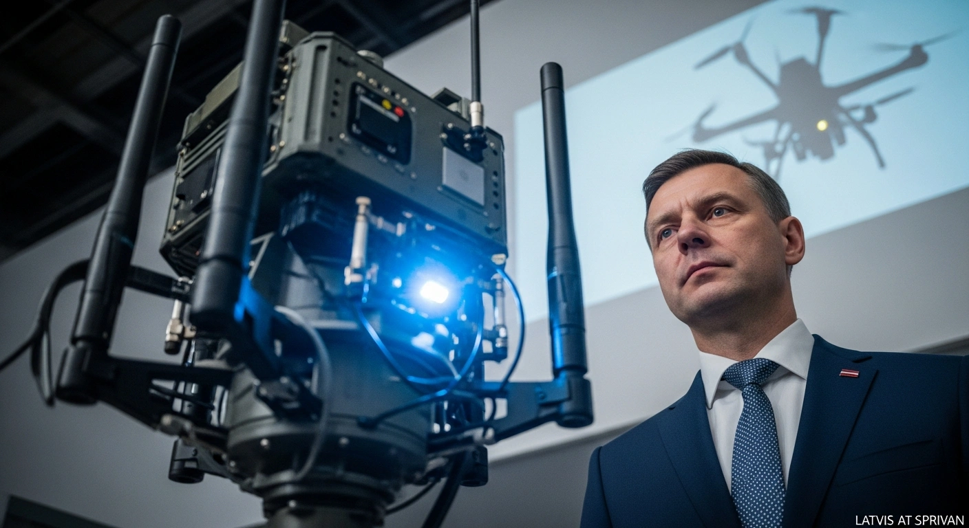 Latvian Minister of Defence Andris Sprūds observes a prototype radio signal jamming system developed by SAF Tehnika, designed to neutralize unmanned aerial vehicles as part of Latvia's counter-drone defense initiative.