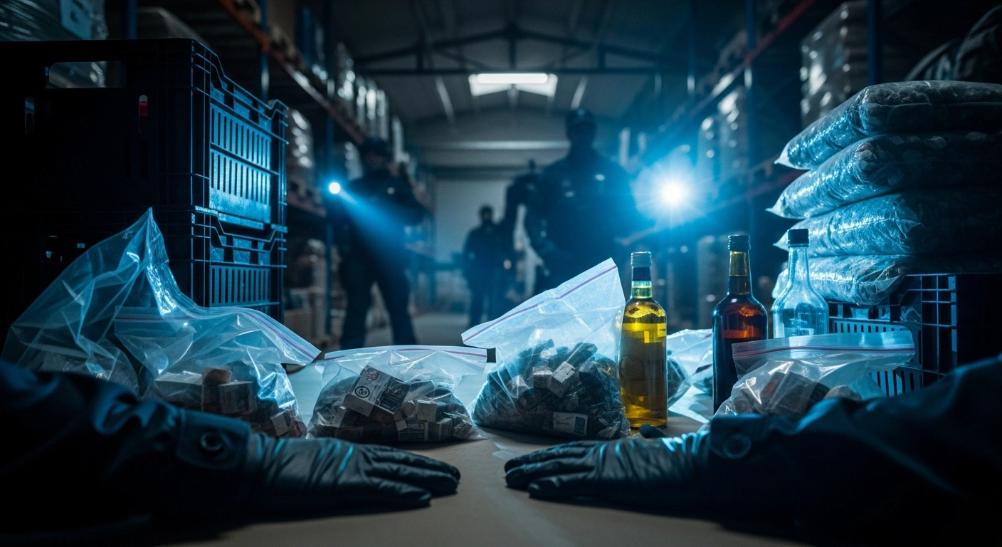 Latvian law enforcement officers conduct a raid to seize large quantities of illegal tobacco, alcohol, and narcotics found in a suspect's residence.