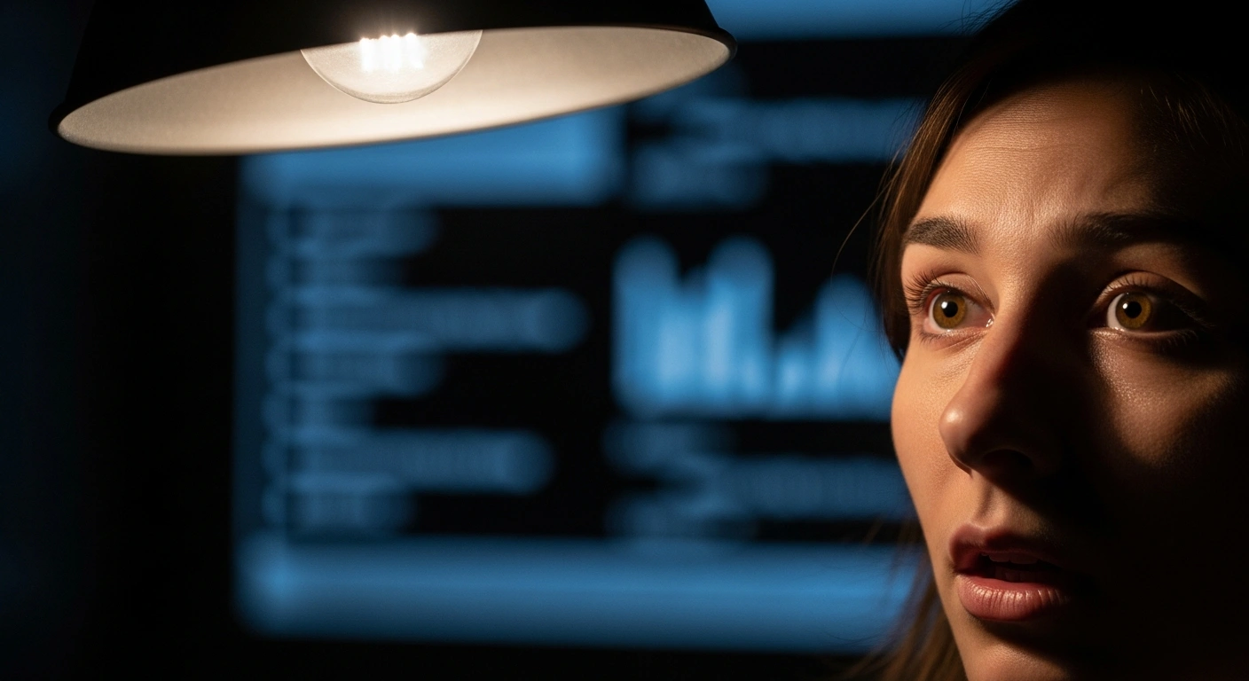 A young person's face, illuminated by a stark overhead light, shows bewilderment and resignation, symbolizing the over 200 Latvian citizens detained in an international investigation into a sophisticated refund fraud network that laundered €1.6 million through cryptocurrency platforms.