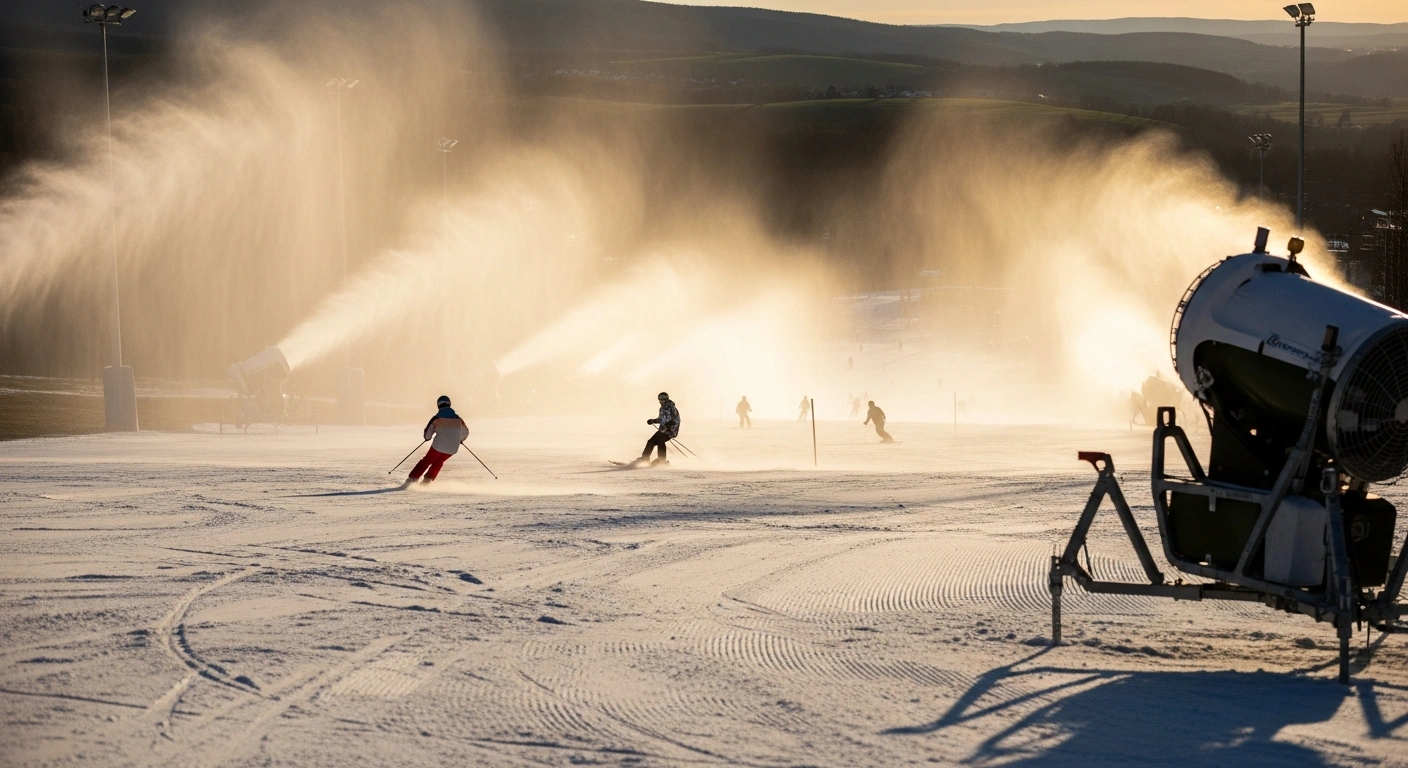 Artificial snow cannons are actively producing snow on a Latvian ski slope, allowing resorts like Briežkalns, Gaiziņkalns, Žagarkalns, and Reina Trase to open for Christmas holidays despite unseasonably warm December temperatures.