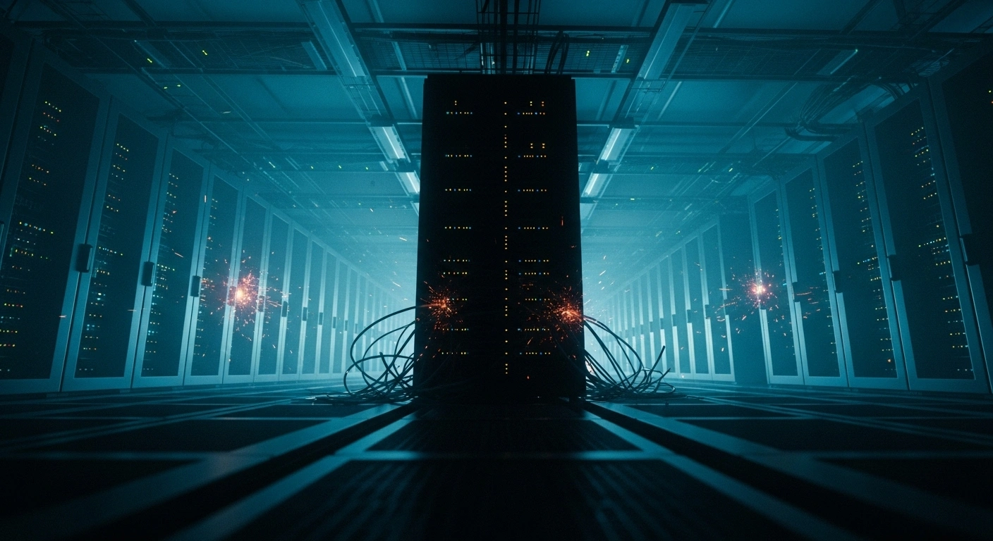 A dimly lit server farm with a central cluster of servers gone dark and sparking cables, symbolizing the cyberattack and service outage experienced by Latvian state websites, including gov.lv and eParaksts.lv, as confirmed by the LVRTC.