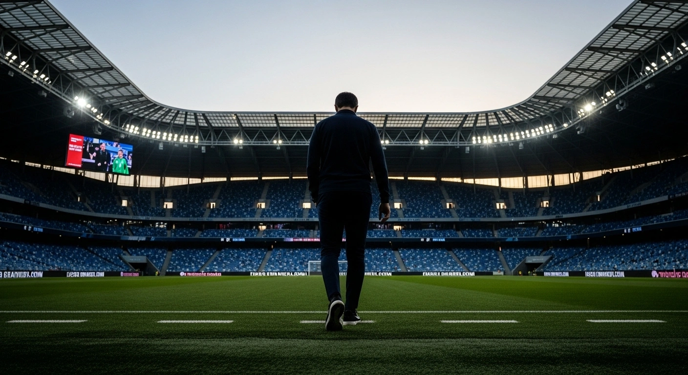 A lone football coach, representing Laurent Blanc, walks away from a vast, dimly lit Al-Ittihad stadium at dusk, symbolizing his contract termination by the Saudi Pro League champions after a challenging start to the season.