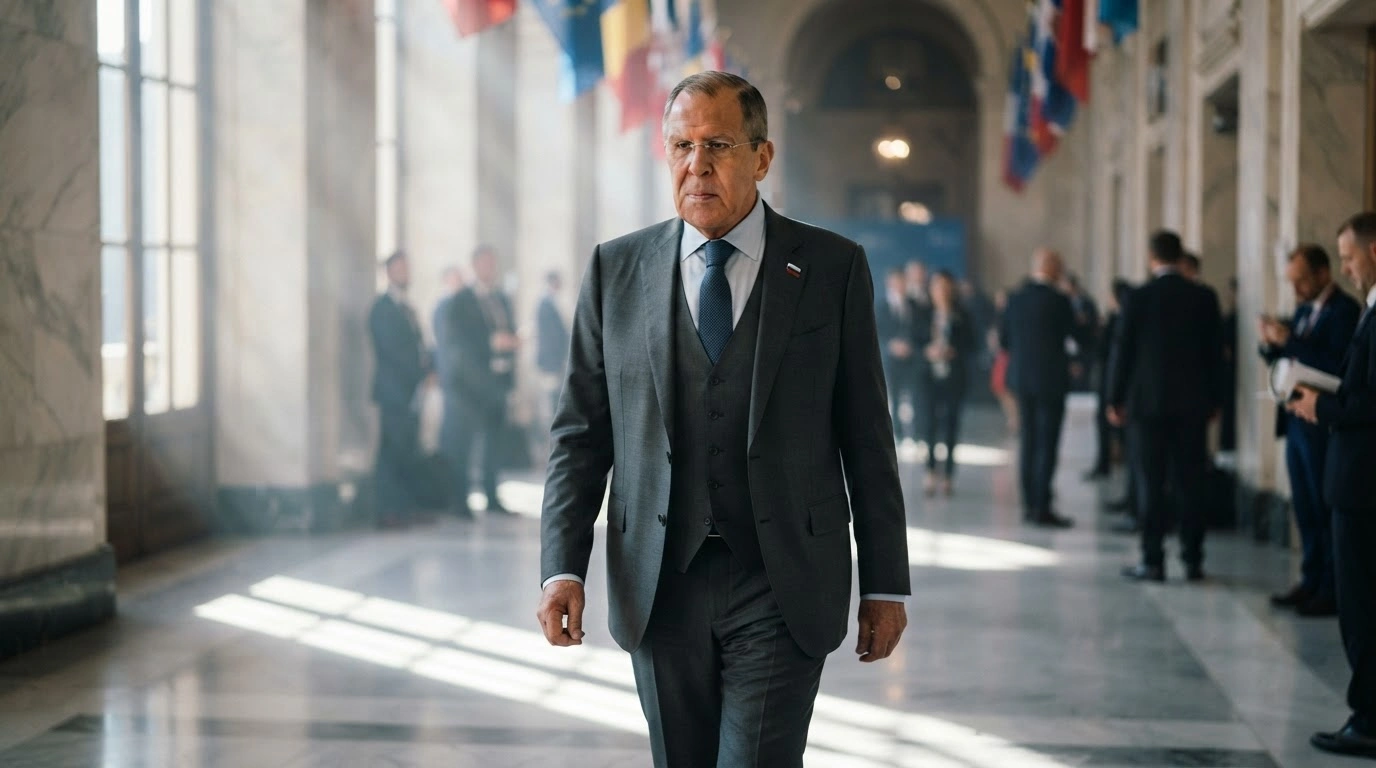 Russian Foreign Minister Sergey Lavrov walks through a grand hall during a G20 foreign ministers' meeting to discuss international geopolitical issues.