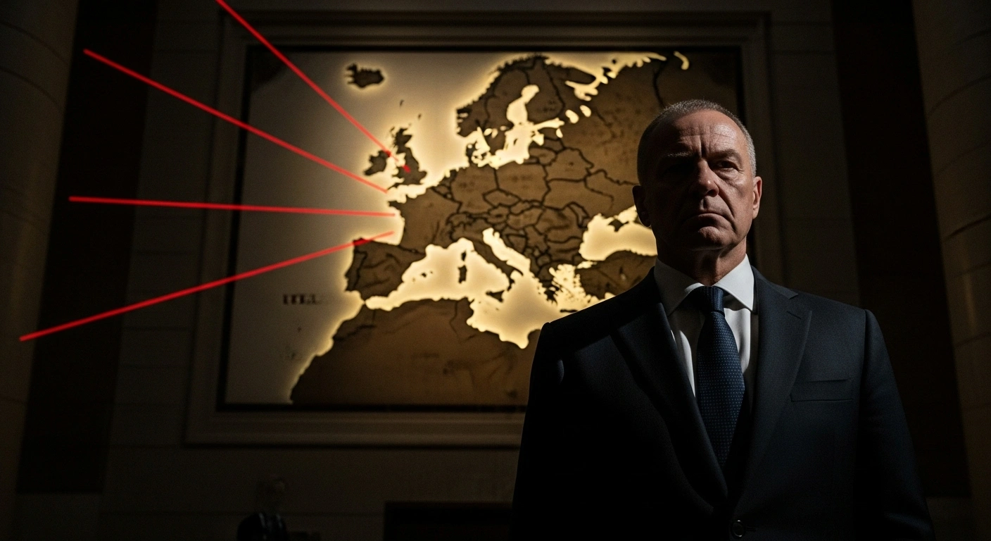 A stern-faced figure, representing Russian Foreign Minister Sergei Lavrov, stands in a dimly lit, grand hall before an illuminated map of Europe with expanding red lines, symbolizing his warning that Western countries are preparing for a major conflict, undermining arms control, and escalating militarization through NATO's eastward expansion and nuclear coordination.