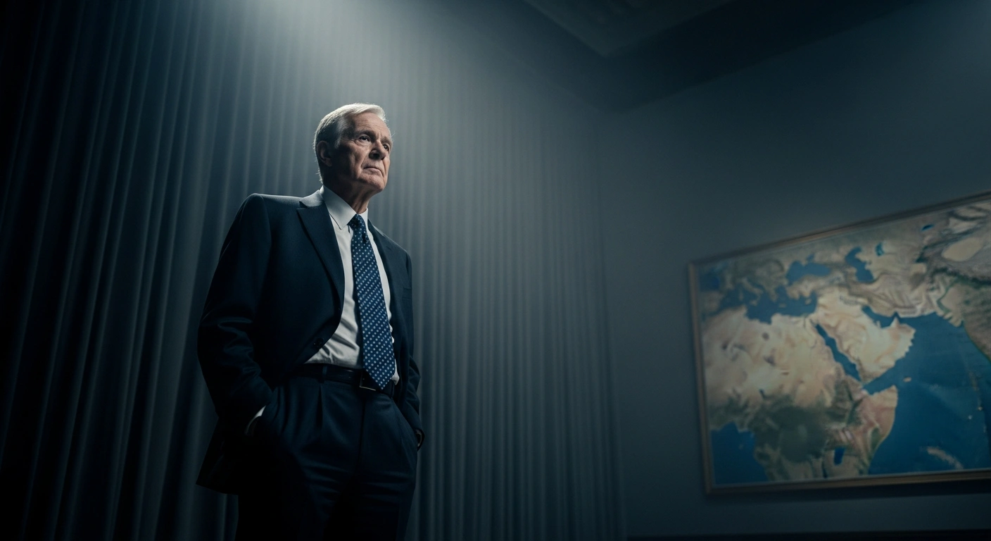 Russian Foreign Minister Sergei Lavrov stands in a dimly lit room, reflecting on the geopolitical instability in the Middle East caused by Western influence.