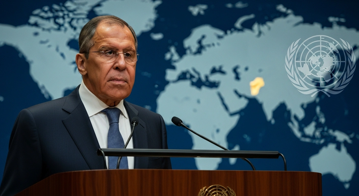 Russian Foreign Minister Sergey Lavrov speaks at a press conference in Moscow, emphasizing the indispensable role of a Palestinian state for Middle East stability, referencing UN resolutions and the Gaza crisis.