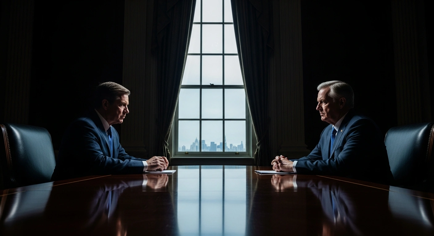 A photorealistic image depicts two foreign ministers, one Russian and one American, seated across a long, polished mahogany table in a dimly lit, ornate room, engaged in a tense diplomatic discussion about the Ukrainian issue and broader bilateral relations between Moscow and Washington.