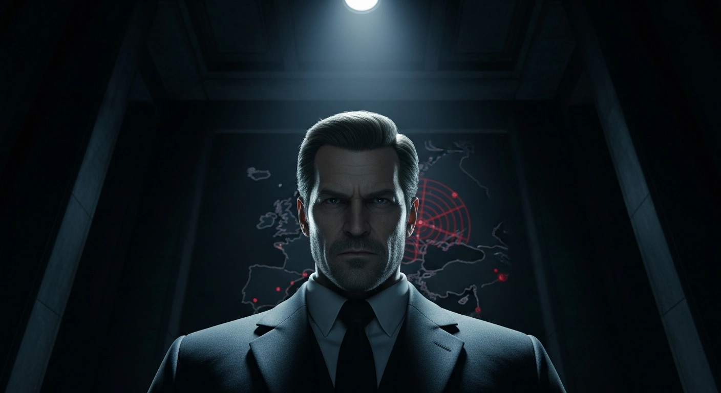 A stern, resolute figure, representing Russian Foreign Minister Sergey Lavrov, stands in a dimly lit, imposing hall, his face dramatically lit by a single spotlight, with a subtle, flickering map of Europe displaying radar blips in the background, symbolizing escalating tensions and his warning of a 'decisive response' to aggression.