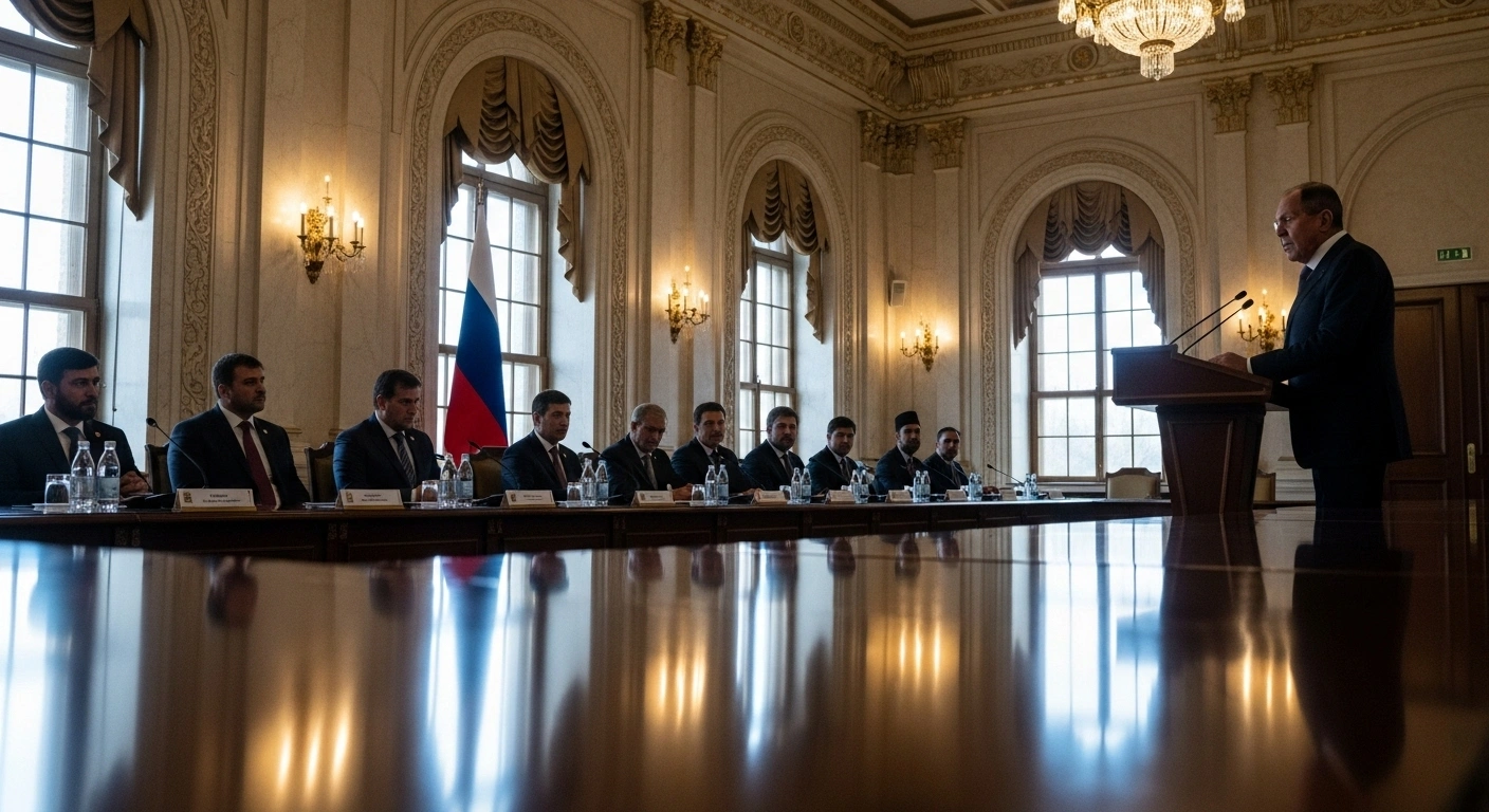 Russian Foreign Minister Sergey Lavrov stands at a podium in a grand conference room, addressing a seated delegation from Afghanistan's Taliban government, emphasizing a warning against foreign military presence in Afghanistan.