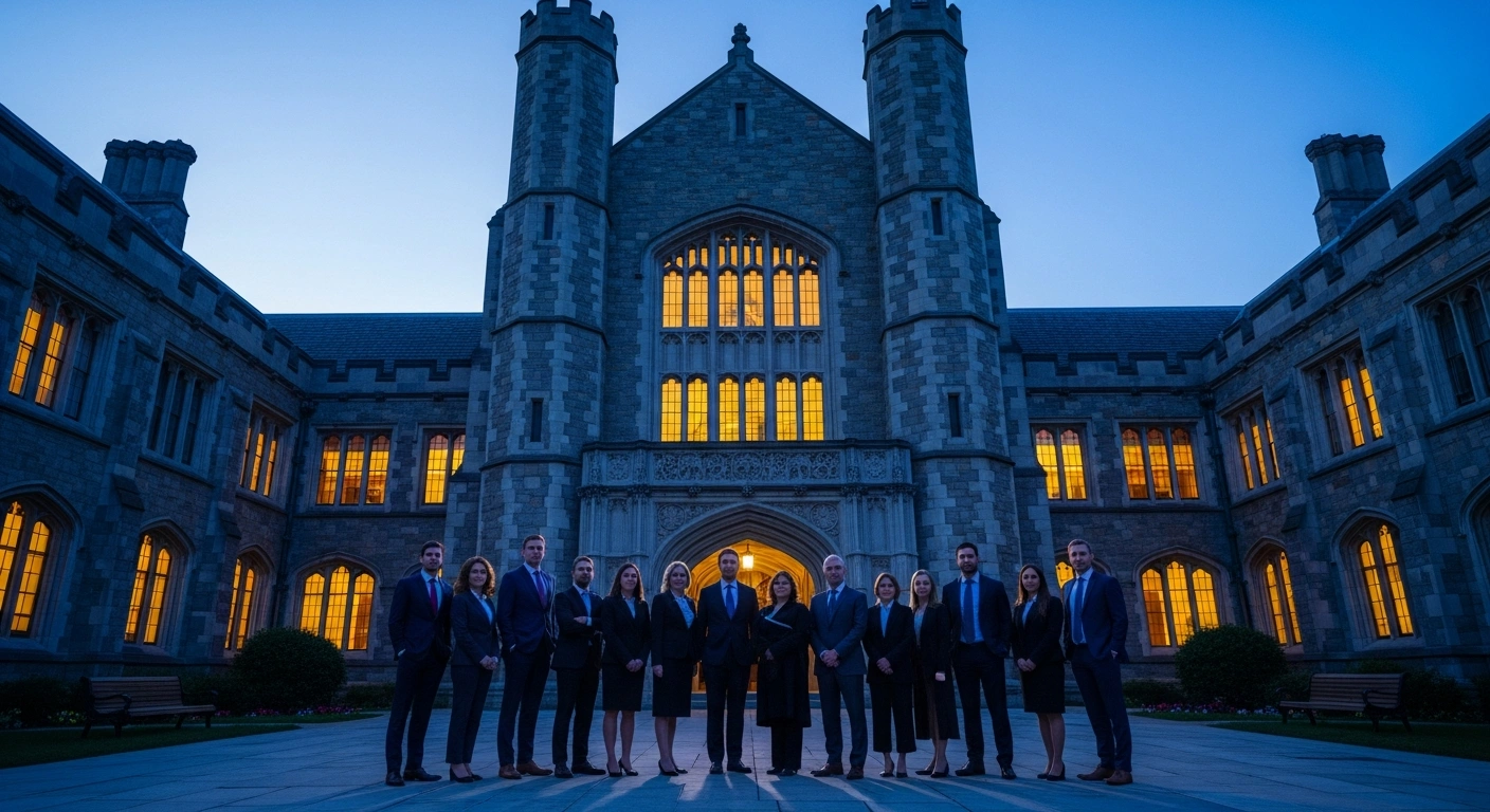 A group of attorneys stands in front of a university building to represent the legal challenge against new college admissions data reporting requirements.