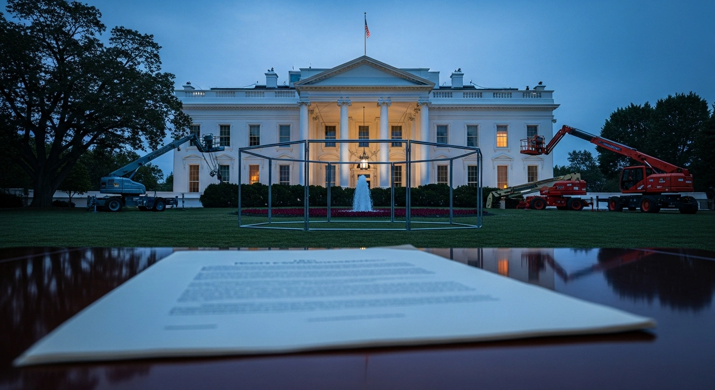 A legal document sits in the foreground with the White House and a construction site for a UFC event visible in the background.