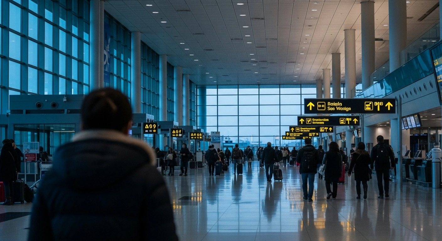A wide, low-angle shot of a bustling, sterile international airport terminal at dawn, with cool blue-grey light filtering through windows and a lone, out-of-focus traveler in the foreground, representing a public health investigation into a confirmed measles case at LAX linked to an international traveler, with potential exposure at Tom Bradley International Terminal B and a Woodland Hills Dunkin' Donuts.
