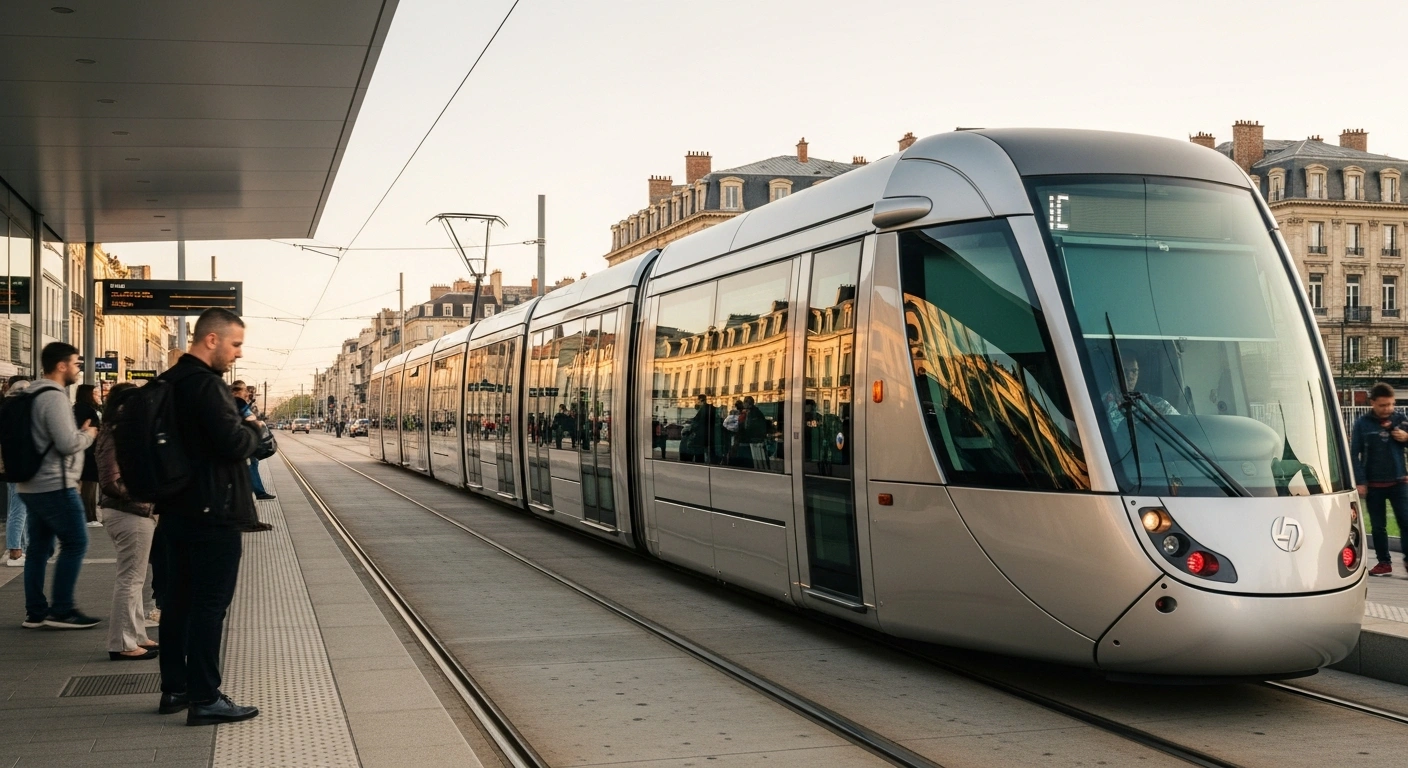 A modern extended tram unit travels through the city of Le Mans, France, to increase passenger capacity for the 24 Hours of Le Mans race.