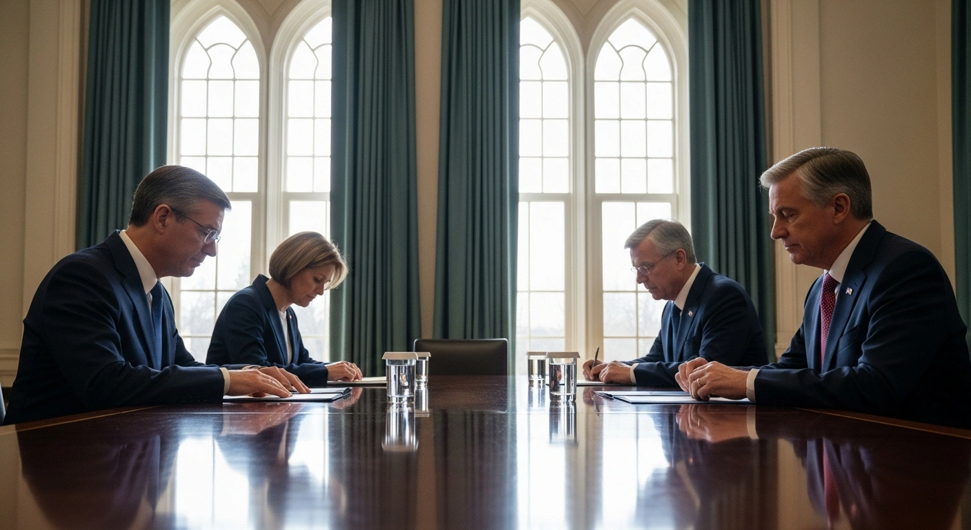 Four world leaders, UK Prime Minister Sir Keir Starmer, French President Emmanuel Macron, German Chancellor Friedrich Merz, and Ukrainian President Volodymyr Zelenskyy, are depicted in a serious discussion, reaffirming their commitment to peace in Ukraine and coordinating efforts for the G20 summit.