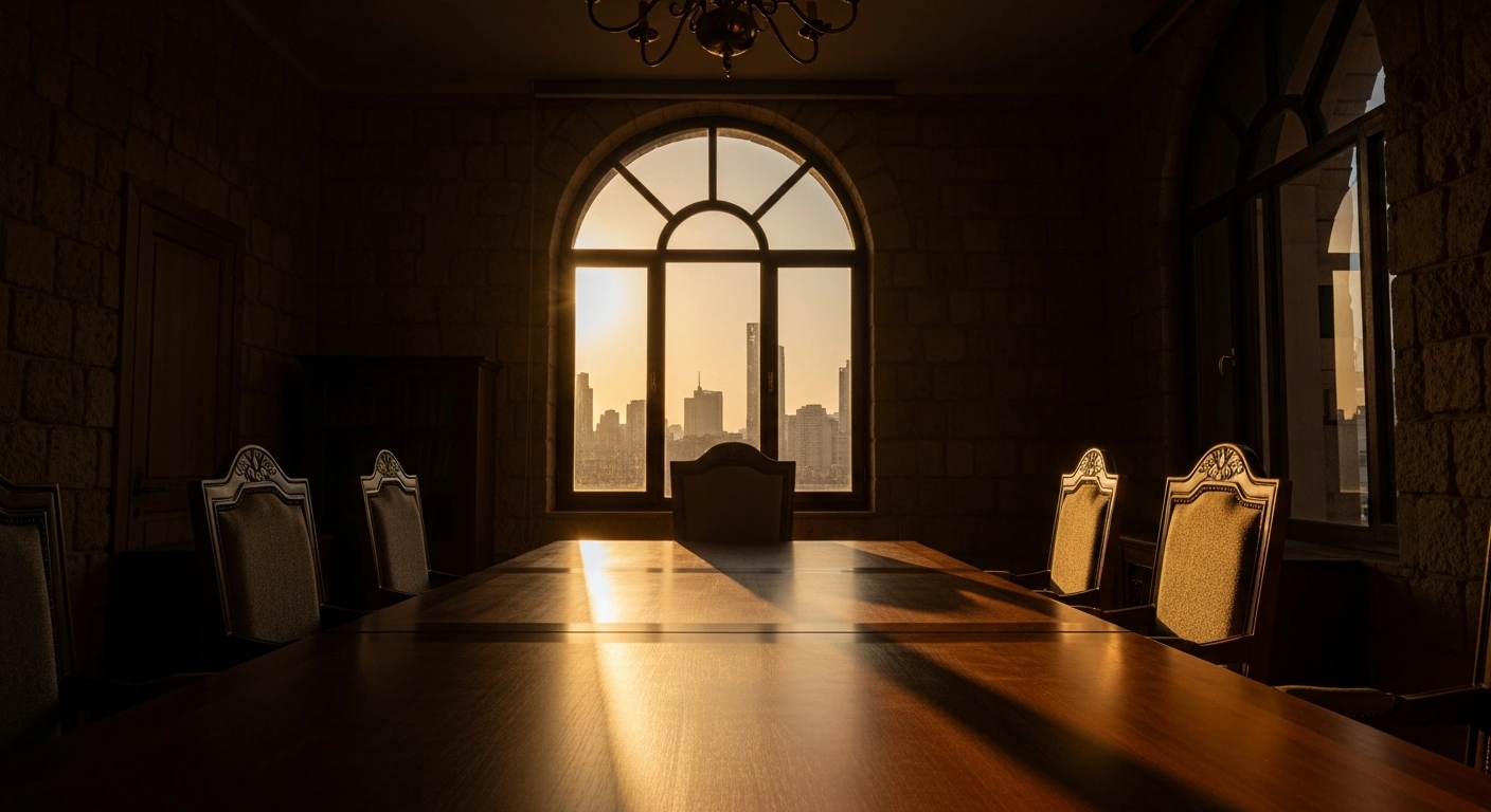 A dimly lit, formal office space in Lebanon represents the diplomatic tension following the Amal Movement's rejection of a trilateral framework agreement.