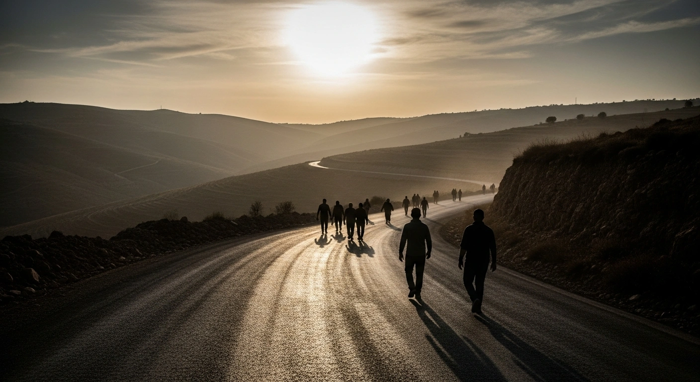 Civilians travel along a dusty road in southern Lebanon following evacuation orders issued by the Israel Defense Forces.