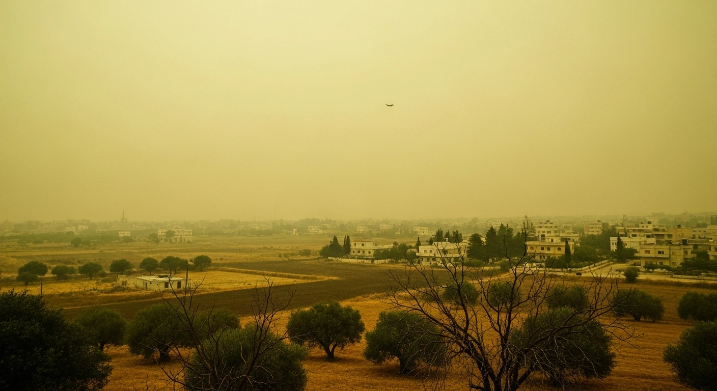 A wide, elevated view depicts a Lebanese border village shrouded in a sickly yellow-green haze, with withered trees and parched fields in the foreground, illustrating the environmental damage from highly concentrated glyphosate herbicide allegedly sprayed by Israeli aircraft.