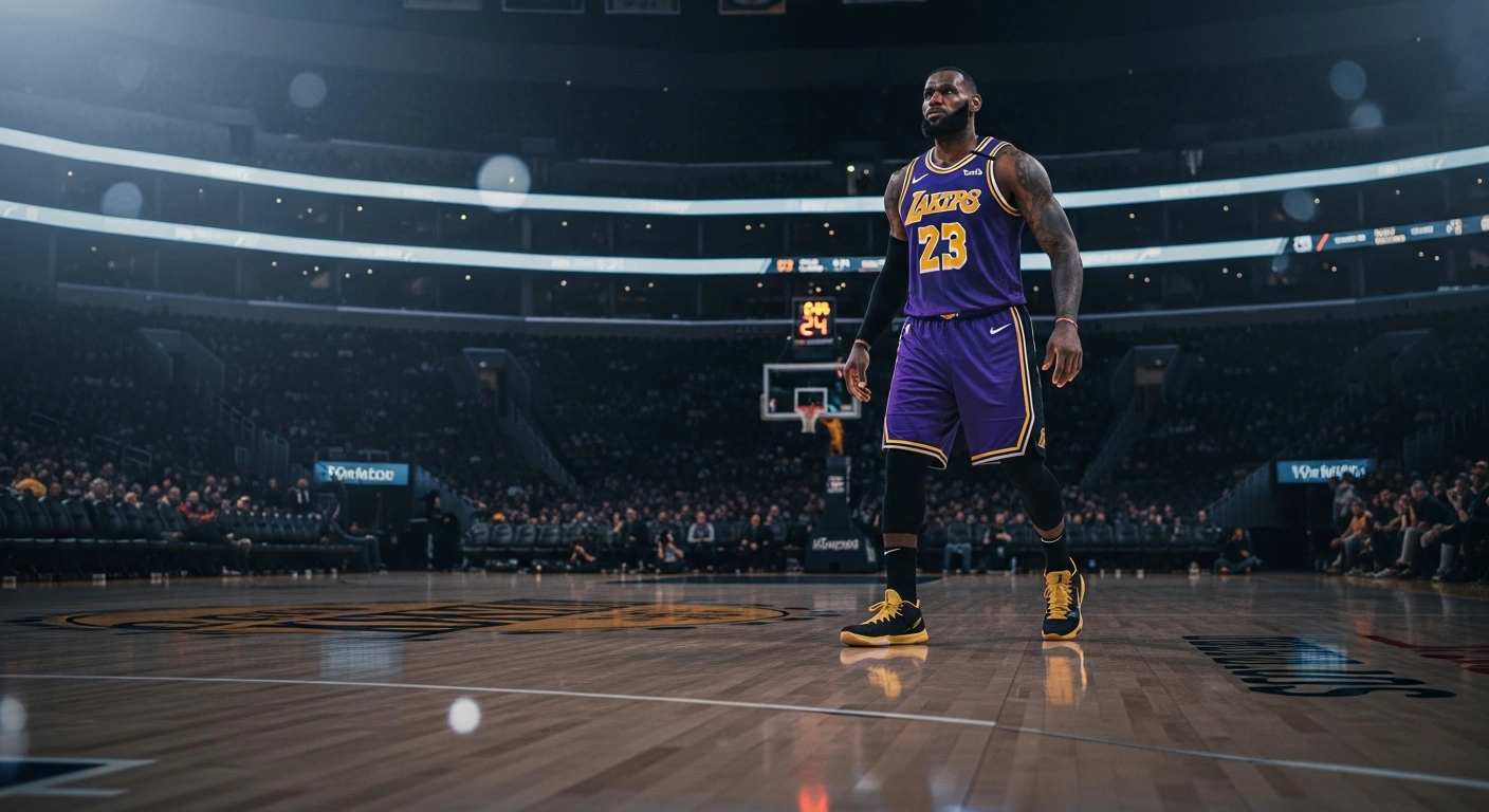 LeBron James stands on the basketball court wearing his Los Angeles Lakers uniform, confirming he remains with the team despite rumors of a move to the Philadelphia 76ers.