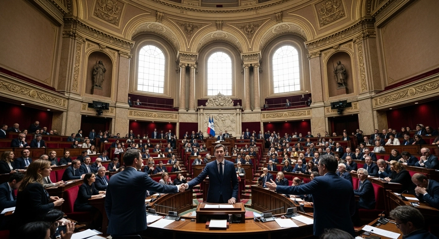 France's new Prime Minister, Sébastien Lecornu, stands at a podium in the French National Assembly, extending an open hand towards a divided legislature, symbolizing his decision not to use Article 49.3 to force the 2026 budget and instead seek compromise and democratic debate.