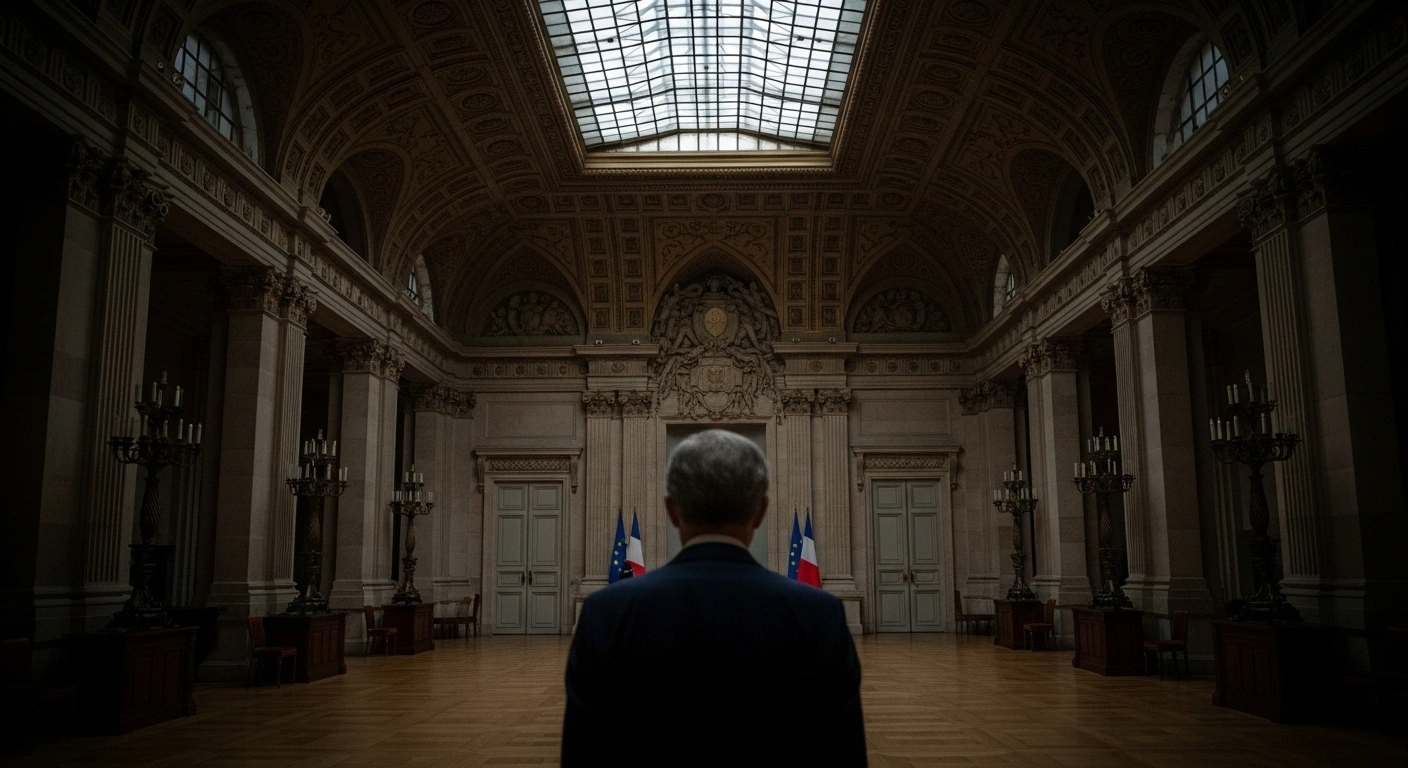 A solitary figure, representing French Prime Minister Sebastien Lecornu, stands with slumped shoulders in a grand, dimly lit French government hall, symbolizing his resignation and the deepening political crisis in France under President Emmanuel Macron amidst a fragmented parliament and budget compromise failures.