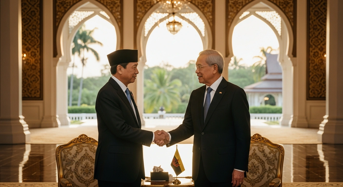 Singapore Senior Minister Lee Hsien Loong shakes hands with Sultan Hassanal Bolkiah during an official visit to Brunei Darussalam for the Sultan's 80th birthday celebration.