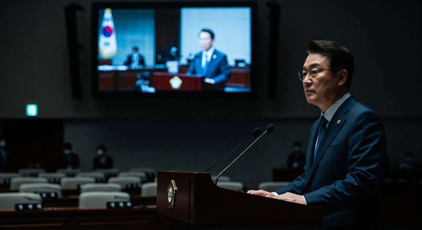 South Korean President Lee Jae-myung stands at a podium to address the public regarding potential regulatory measures for the online platform Ilbe.