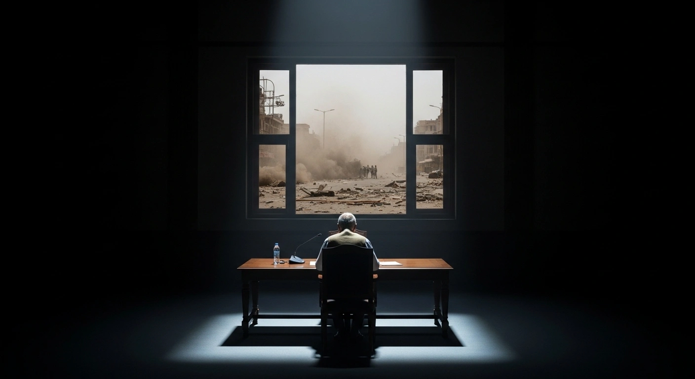 A distinguished figure, representing the head of a judicial commission, sits at a brightly lit table in a dimly lit, austere room, with the blurred, dust-choked aftermath of violent street clashes visible through a window in the background, symbolizing the inquiry into the September 24, 2025 incident in Leh that resulted in four civilian deaths and 90 injuries amidst protests for statehood and Sixth Schedule status for Ladakh.