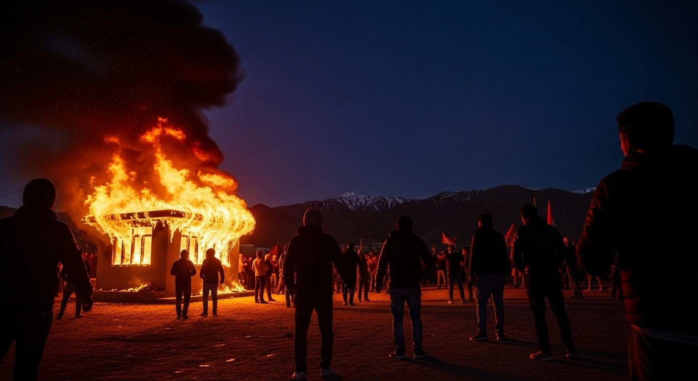 A dramatic night scene in Leh, Ladakh, shows a BJP office engulfed in violent flames during protests, with silhouetted figures of protesters visible against the fiery backdrop.