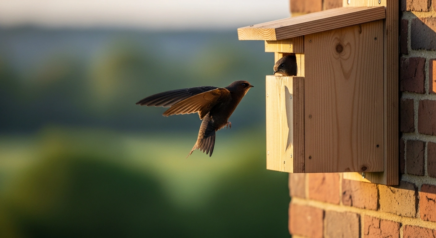 A swift bird approaches a new wooden nesting box installed on a brick building in Leicestershire to support local wildlife conservation efforts.