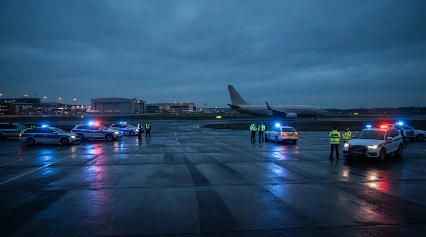 Police vehicles with flashing lights secure the perimeter of Leipzig-Halle Airport following an unauthorized vehicle breach on the runway.