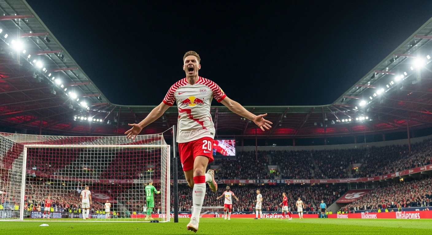 A triumphant RB Leipzig player, Christoph Baumgartner, celebrates scoring a goal during a Bundesliga match against 1. FC Köln at the RheinEnergieStadion, leading his team to a 2-1 victory and fourth place in the league standings.