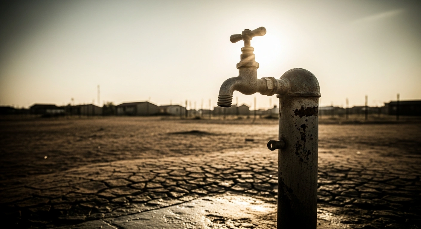 A rusted and dry communal water tap stands in a dusty, arid landscape in the Lekwa Local Municipality, highlighting the ongoing water crisis and infrastructure failure.