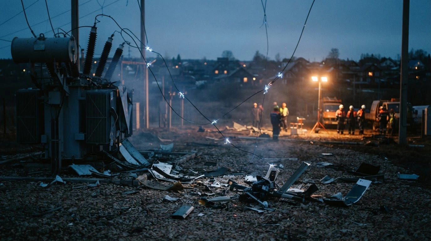 Emergency crews work to repair damaged electrical infrastructure in the Leningrad region following a drone attack that caused widespread power outages.