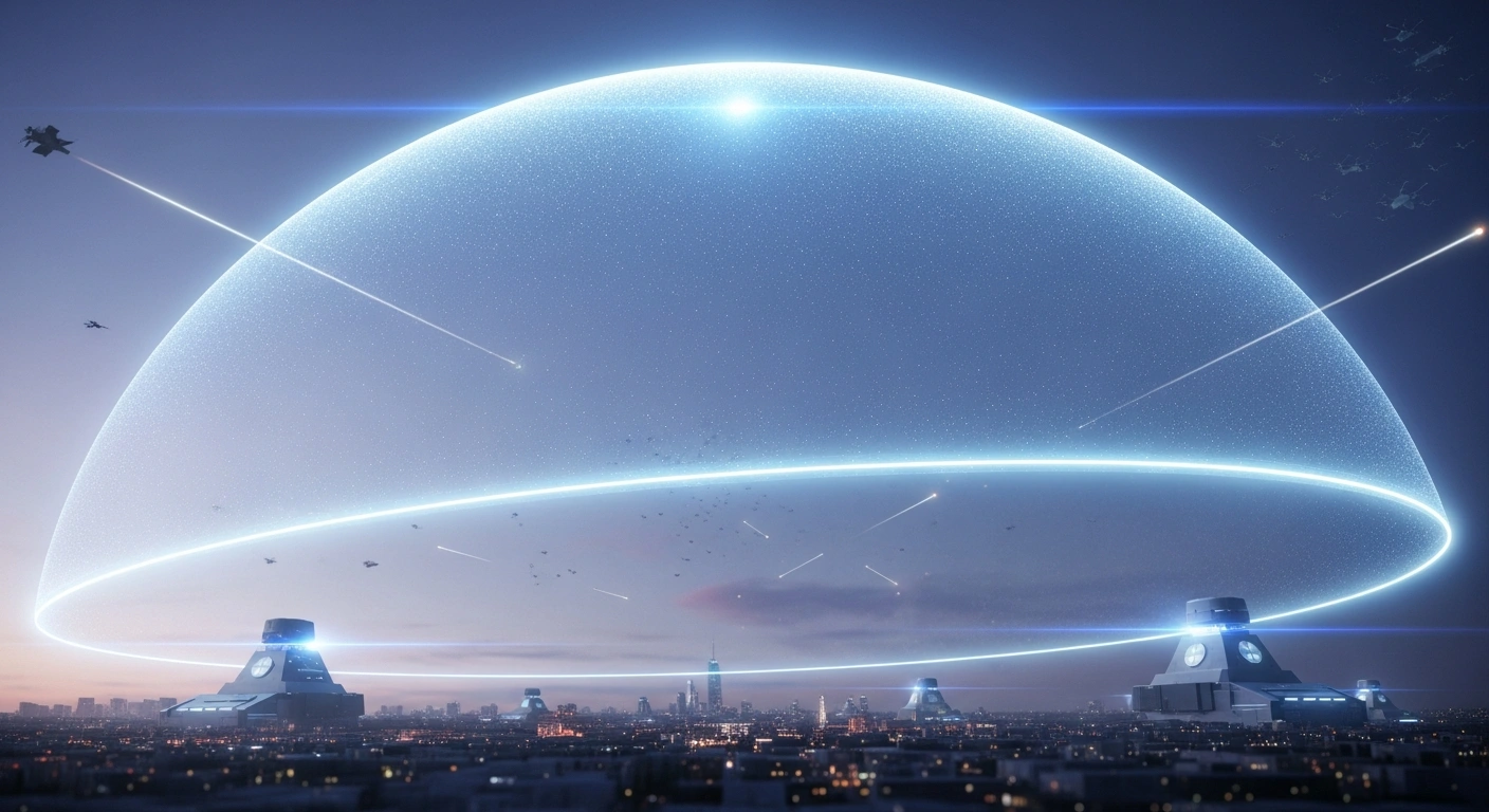 A colossal, shimmering energy dome, representing Italy's Leonardo 'Michelangelo Dome' AI-powered multi-domain defense system, pulsates with blue light over a futuristic European cityscape at dusk, with integrated sensors from land, sea, and air tracking distant hypersonic missiles and drone swarms to protect Italy, Europe, and NATO.