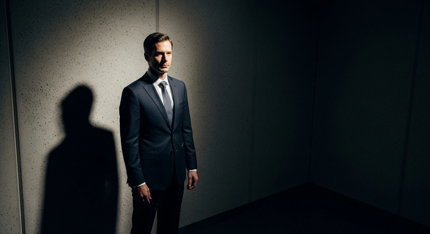 Former INSS president Leonardo Rolim stands in a dimly lit office corridor following his indictment by the Brazilian Federal Police for alleged fraud.