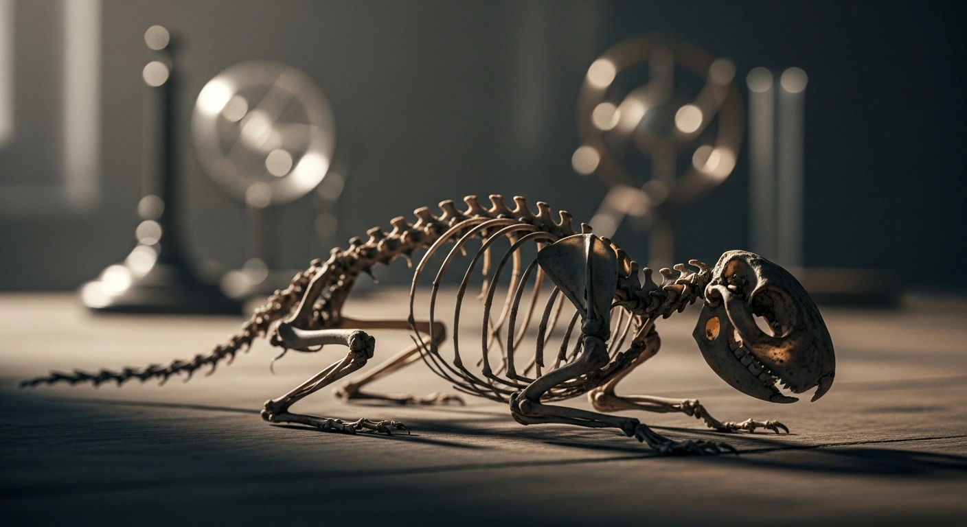 A 19th-century red squirrel skeleton is displayed on a wooden table, representing the first skeletal evidence of leprosy discovered in British red squirrels.