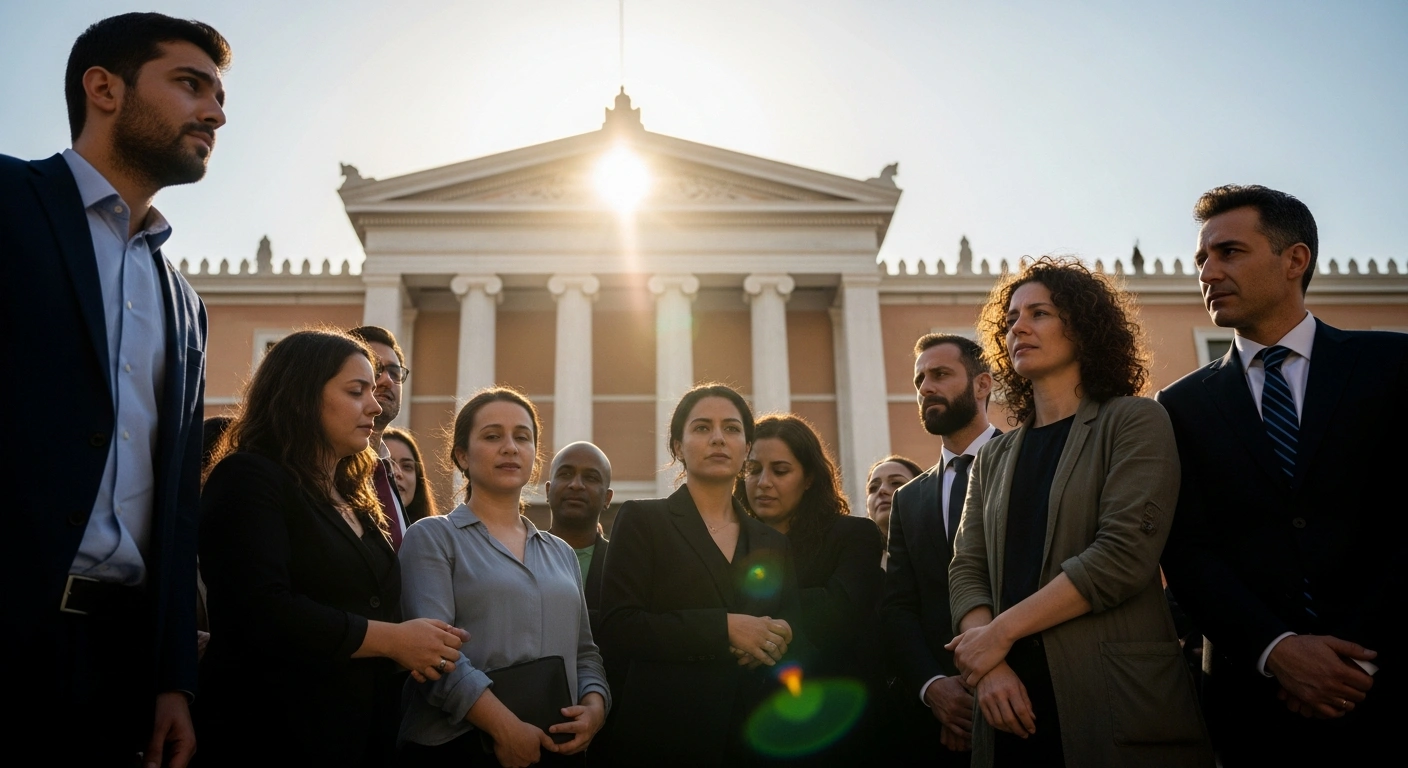 A group of 24 humanitarian workers, including Sean Binder and Sara Mardini, are shown embracing and looking relieved outside a classical courthouse on the Greek island of Lesvos, bathed in golden hour light, following their acquittal of felony charges related to humanitarian aid.