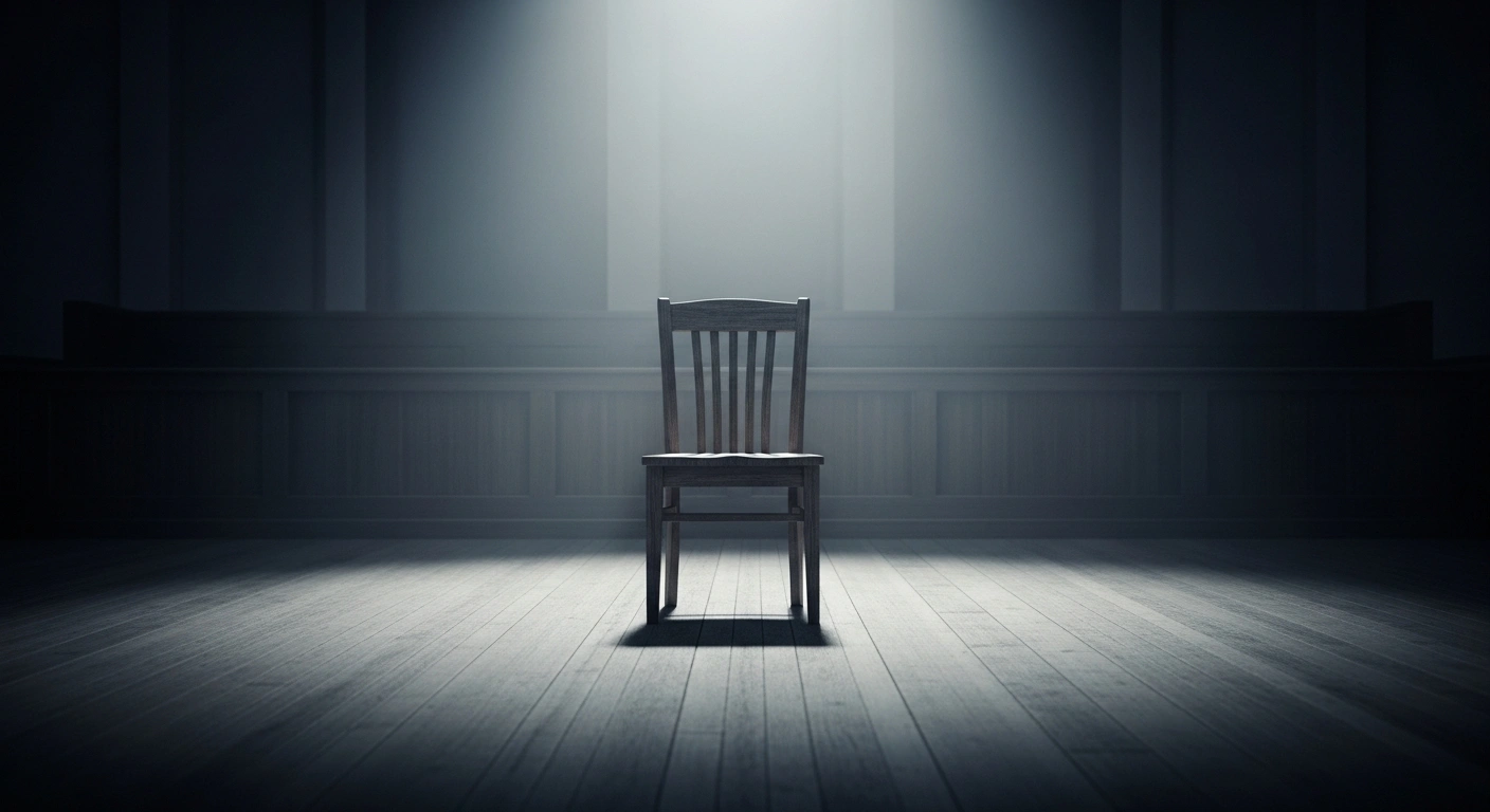 An empty chair sits in a dark, cold courtroom representing the in absentia arrest warrant issued for human rights activist Lev Ponomaryov.