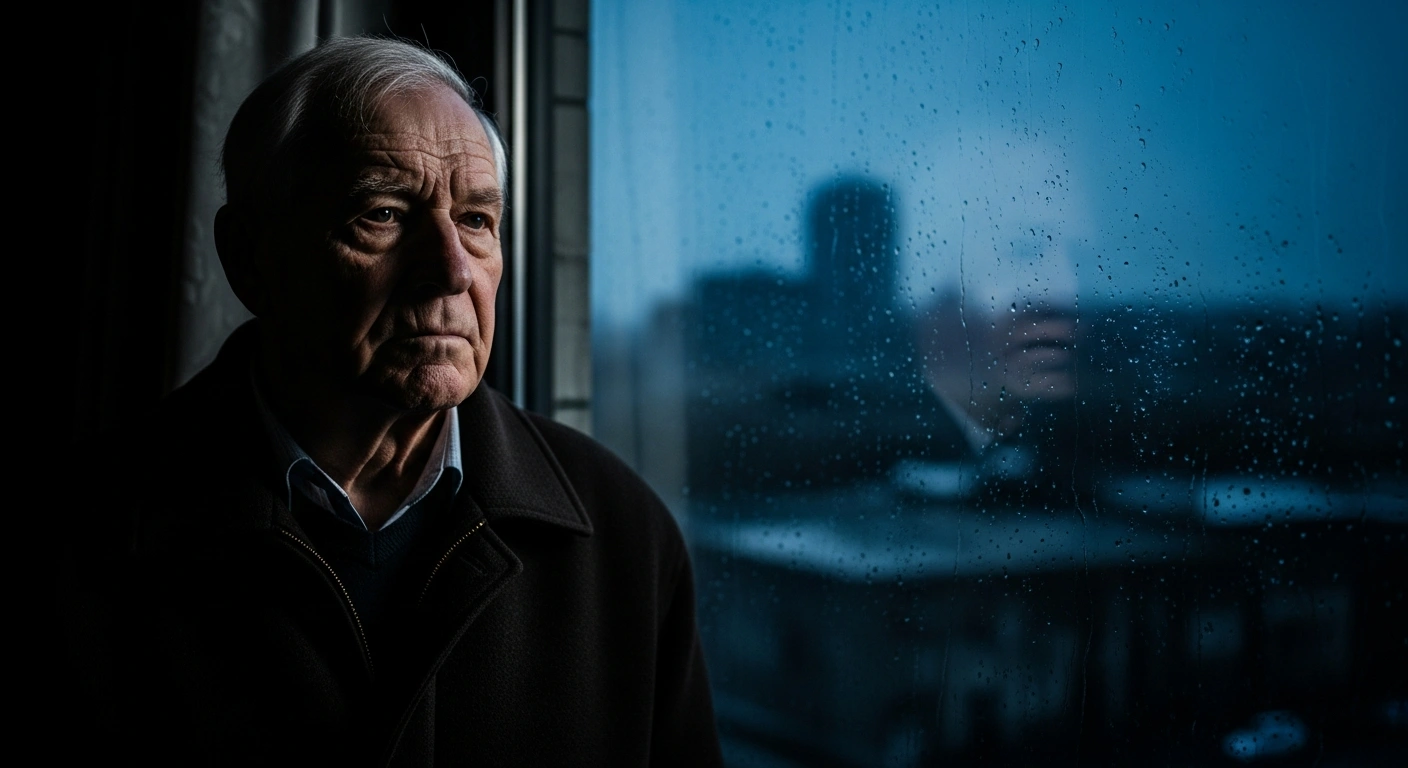 A portrait of Russian human rights activist Lev Ponomaryov looking out a window while living in exile following his sentencing by a Moscow court.
