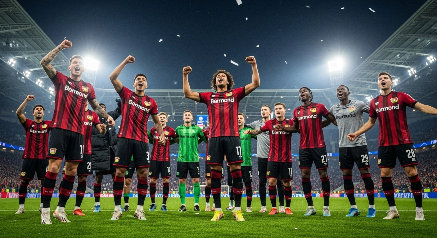 Bayer Leverkusen football players celebrate a dominant 6-0 Bundesliga victory over 1. FC Heidenheim 1846 at BayArena, with multiple players, including Patrik Schick and Ibrahim Maza, raising their arms in triumph under stadium lights.