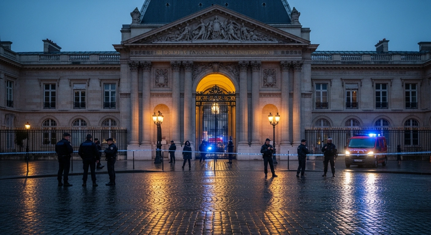 Police vehicles with flashing lights cordon off the evacuated La France Insoumise (LFI) party headquarters in Paris following a bomb threat amidst escalating political tensions.