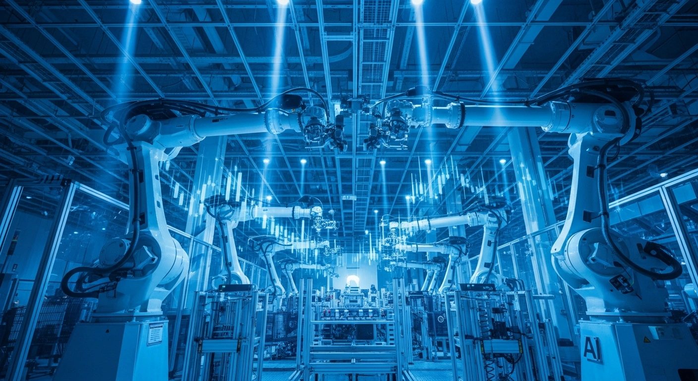 A futuristic industrial automation facility showcases sleek robotic arms performing intricate tasks under cool blue lighting, symbolizing LG Electronics' robust growth in its robotics and AI divisions and its surging stock.