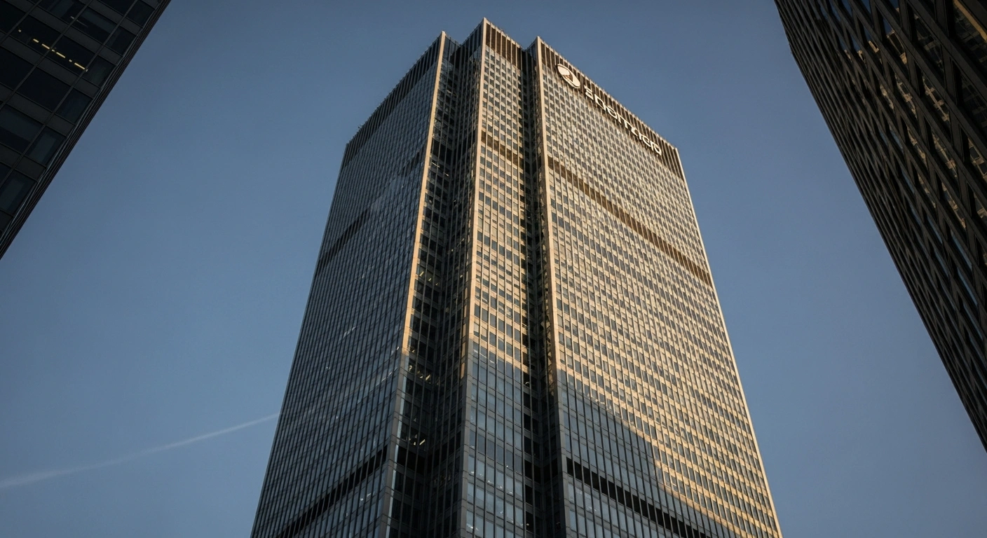 A majestic, modern bank skyscraper, representing LGT Bank's successful Sfr150m senior non-preferred bond issuance in the busy Swiss franc market, gleams under the golden light of a late afternoon sun.