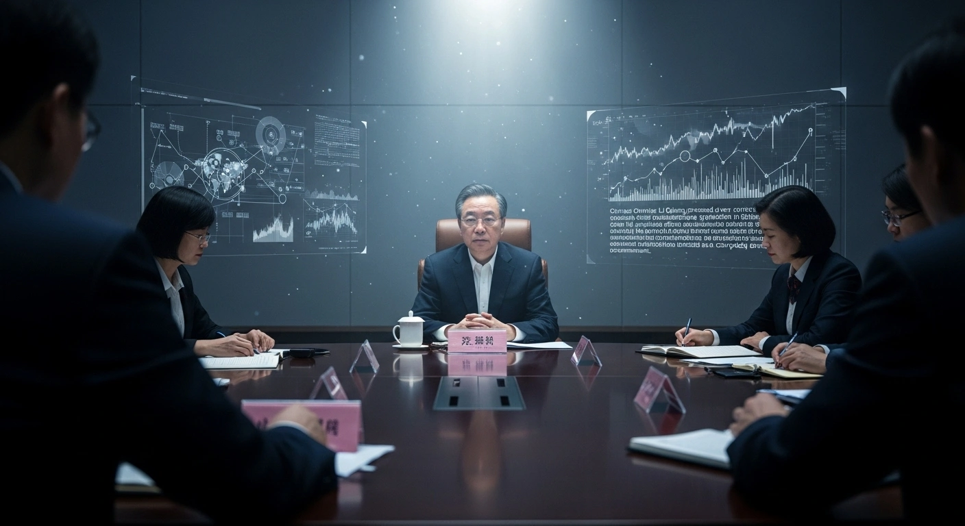 A wide, slightly low-angle shot captures Chinese Premier Li Qiang presiding over an economic symposium in a modern Beijing conference room, emphasizing efforts to sustain recovery and advance high-quality development amidst complex global economic challenges.