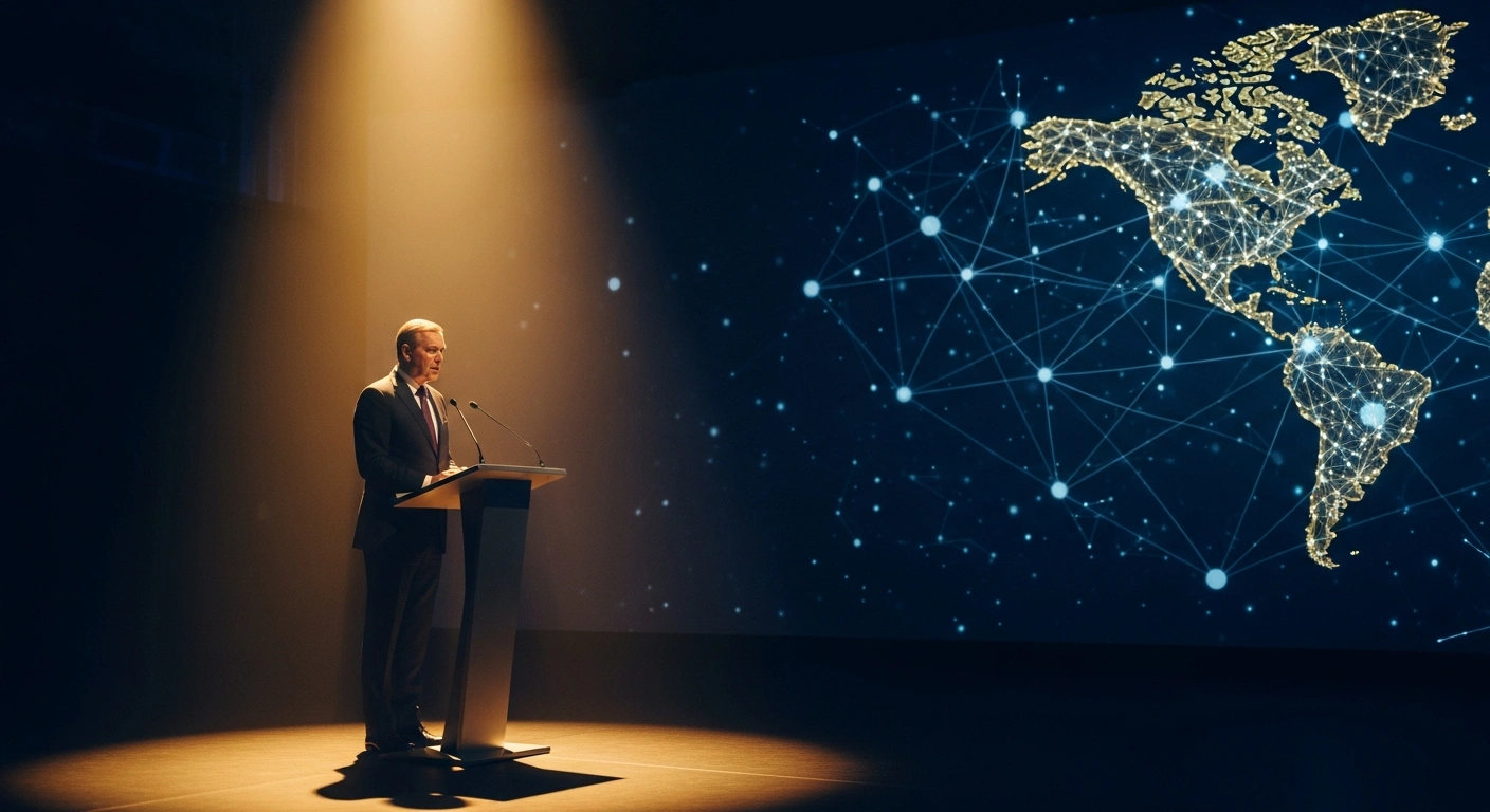 A commanding figure, representing Chinese Premier Li Qiang, stands at a modern podium under a warm golden spotlight, with an ethereal projection of interconnected global lines behind him, symbolizing his address at the 20th G20 Summit in Johannesburg, South Africa, calling for free trade, an open world economy, and global solidarity to counter a sluggish economic recovery.