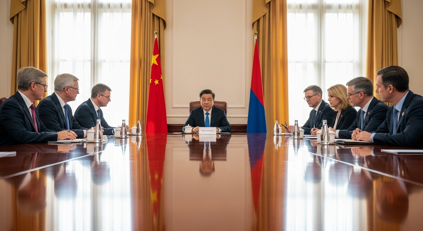 Chinese Premier Li Qiang presides over the '1+10' Dialogue in Beijing, engaging with the heads of ten major international economic and financial organizations at a large, polished conference table, discussing global economic governance, multilateralism, and shared development.