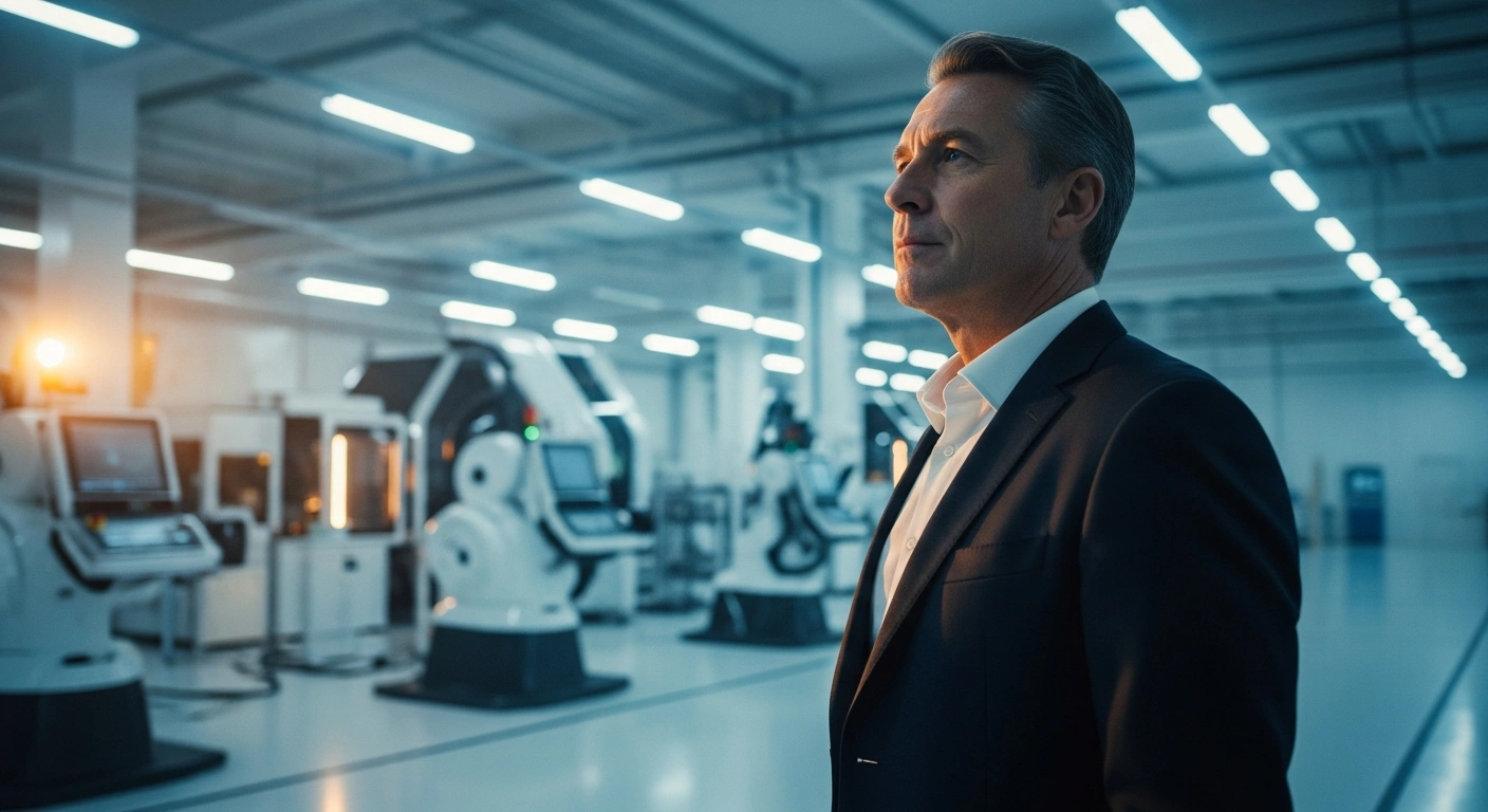 Chinese Premier Li Qiang is depicted inspecting a modern, high-tech industrial facility in Guangdong Province, surrounded by advanced robotic machinery, symbolizing innovation-driven development and the upcoming 15th Five-Year Plan.
