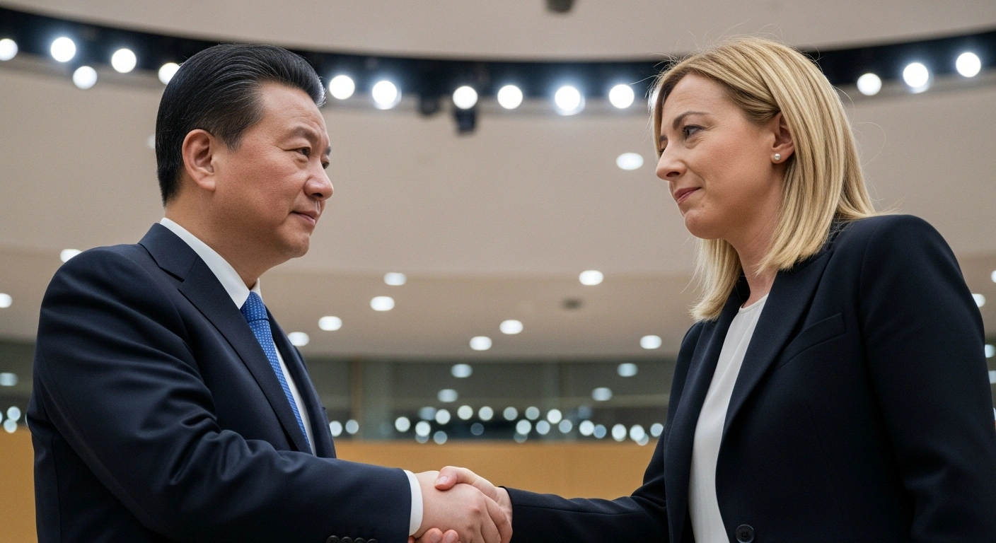 Chinese Premier Li Qiang and Italian Prime Minister Giorgia Meloni shake hands at the G20 Summit in Johannesburg, discussing enhanced trade, investment, and strategic cooperation.